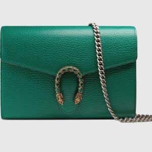 GUCCI Dionysus Mini Leather Chain Wallet Emerald green metal-free tanned leather