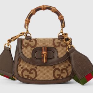 Gucci Bamboo 1947 Mini Top Handle Bag Camel and ebony jumbo GG canvas