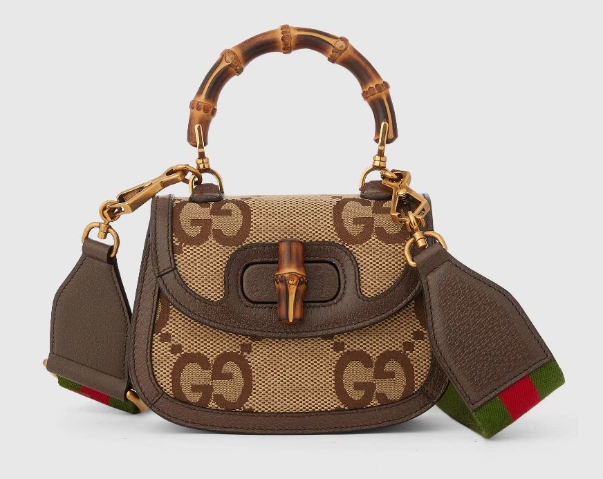 Gucci Bamboo 1947 Mini Top Handle Bag Camel and ebony jumbo GG canvas