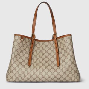 Gucci GG Supreme Canvas Large Tote Bag Brown Leather Trim 15 in. New 815213 FAD6L 9758
