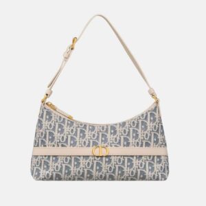 DIOR 30 Montaigne Hobo Mini Bag Blue Dior Oblique Chambray with Raffia Effect and Light Biscuit