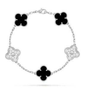 Van Cleef & Arpels Vintage Alhambra bracelet, 5 motifs 18K white gold, Diamond, Onyx