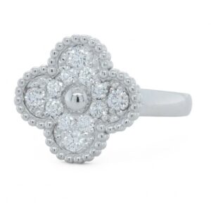 Van Cleef & Arpels Vintage Alhambra Pavé Diamond Ring 18k White Gold Size 58 | VCA Clover Band