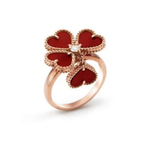 Van Cleef & Arpels Sweet Hearts Ring in 18K Rose Gold – Carnelian & Diamond, Size 58 | Iconic VCA Clover Design