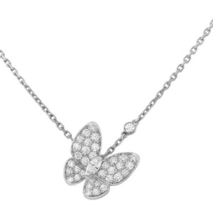 Van Cleef & Arpels Two Butterfly Pendant 18K White Gold Diamond Necklace Full Set