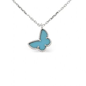 Van Cleef & Arpels Sweet Butterflies Turquoise Pendant Necklace 18K White Gold Diamond Border Full Set Authentic