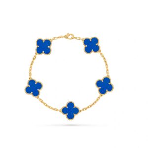Van Cleef & Arpels Vintage Alhambra Blue Agate 5 Motifs Bracelet Size 19 18K Yellow Gold Full Set Authentic