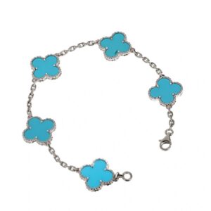Van Cleef & Arpels Vintage Alhambra Turquoise 5 Motifs Bracelet 18K White Gold Full Set Authentic