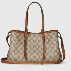 Gucci GG Supreme Monogram Canvas Medium Tote Bag with Brown Leather Trim Full Set Authentic