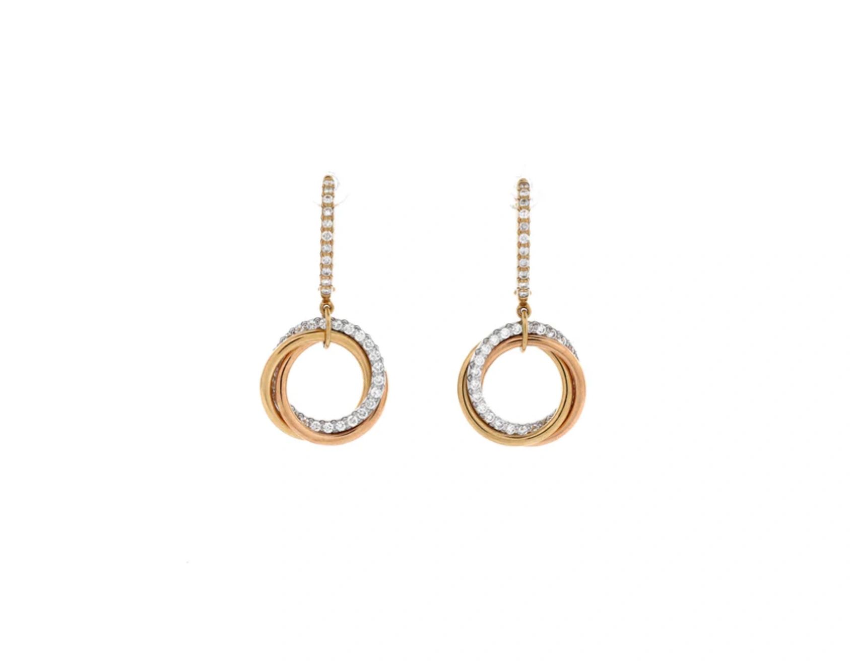 Cartier Trinity Hoop Dangle Earrings are crafted from 18K tricolor gold with diamonds