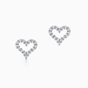 Tiffany & Co. Diamond Open Heart Stud Earrings in 18K White Gold Box & Pouch