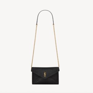 Saint Laurent Cassandre Small Chain Pouch is crafted from black lambskin and features the iconic gold-tone monogram