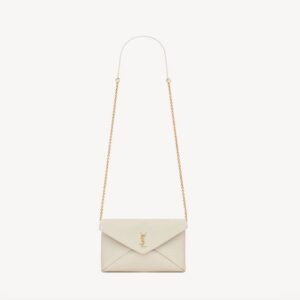 Saint Laurent Cassandre Small Chain Pouch is crafted from white lambskin and features the iconic gold-tone monogram