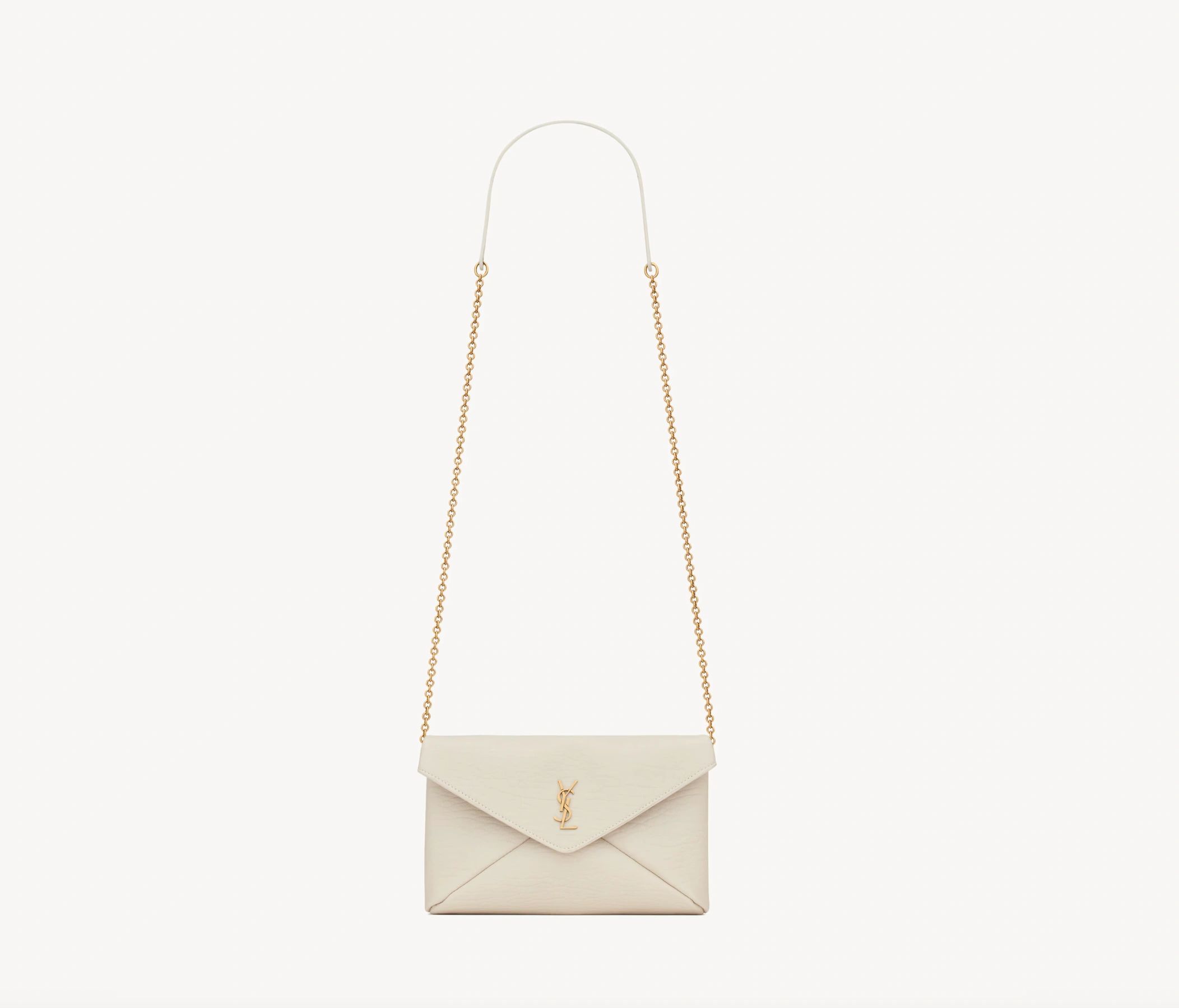 Saint Laurent Cassandre Small Chain Pouch is crafted from white lambskin and features the iconic gold-tone monogram