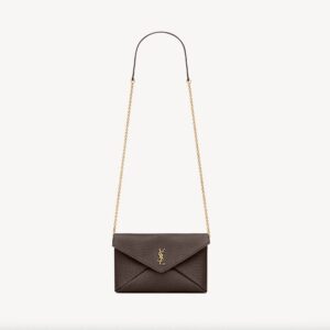 Saint Laurent Cassandre Small Chain Pouch is crafted from santal lambskin and features the iconic gold-tone monogram
