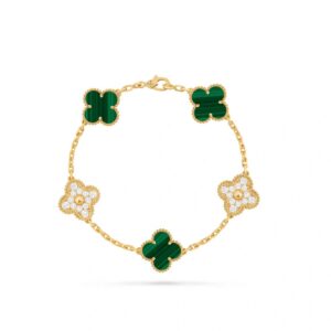 Van Cleef & Arpels Vintage Alhambra bracelet, 5 motifs 18K yellow gold, Diamond, Malachite